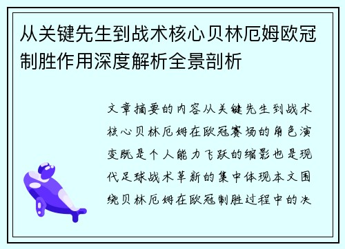 从关键先生到战术核心贝林厄姆欧冠制胜作用深度解析全景剖析