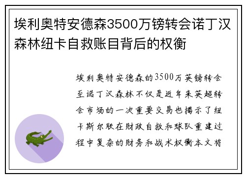 埃利奥特安德森3500万镑转会诺丁汉森林纽卡自救账目背后的权衡